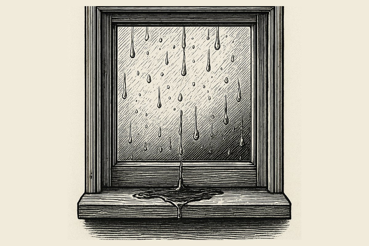 Engraving of a sash window at first light with water beaded across the lower pane and running to a pool on the window board, a bedroom chair beside it.