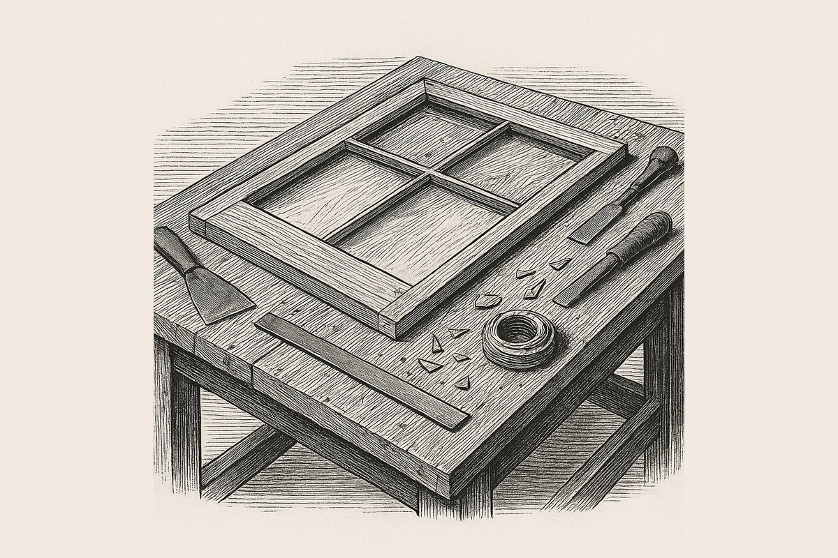 Engraved view of a London terrace facade with sash windows on three storeys, a joiner on the pavement measuring an open sash with a folding rule.