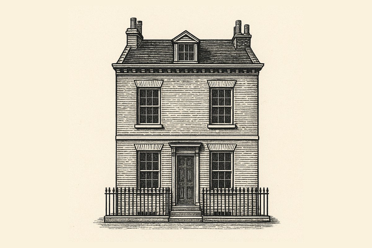 Engraved illustration of a terraced London house front with sash windows, alongside a stamped official document and a hand holding a pen.