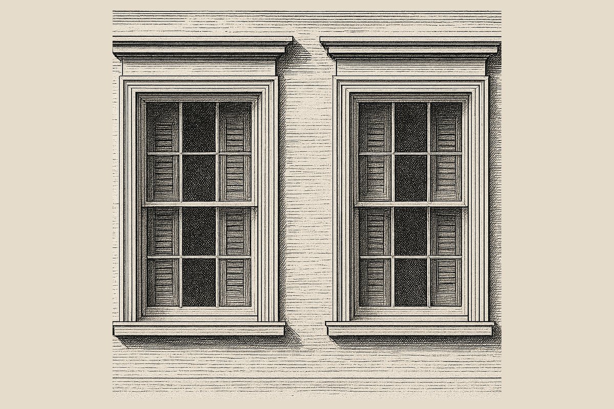 Engraving of a conservation officer standing in a panelled room holding a section drawing up against a sash window, measuring the glazing bar with a rule.