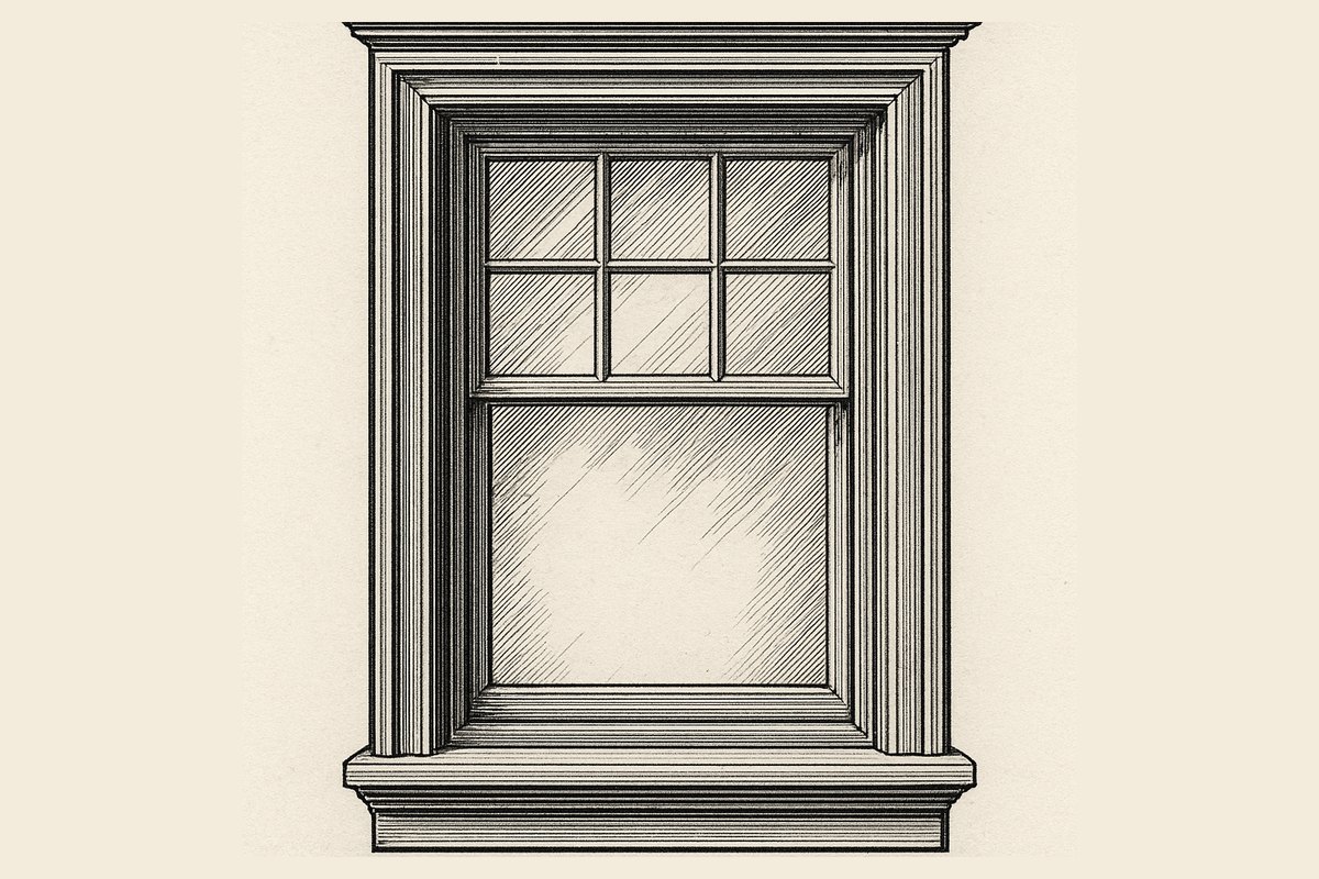 Engraving of an Edwardian bay window with a wide single-pane lower sash and an upper sash divided into small panes with a narrow border of margin lights around the edge.