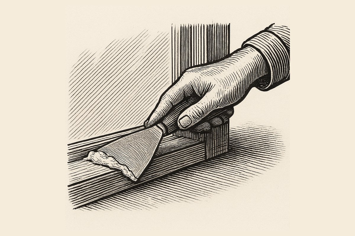 Engraving of a hand holding a putty knife drawing a bevelled fillet of putty along the edge of a pane in a wooden sash, with a small pile of putty and a few glazing sprigs on the bench alongside.