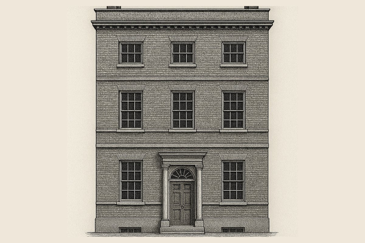 Engraving of a London terrace elevation with a surveyor's ladder against one window, and a folded set of drawings on the pavement below.