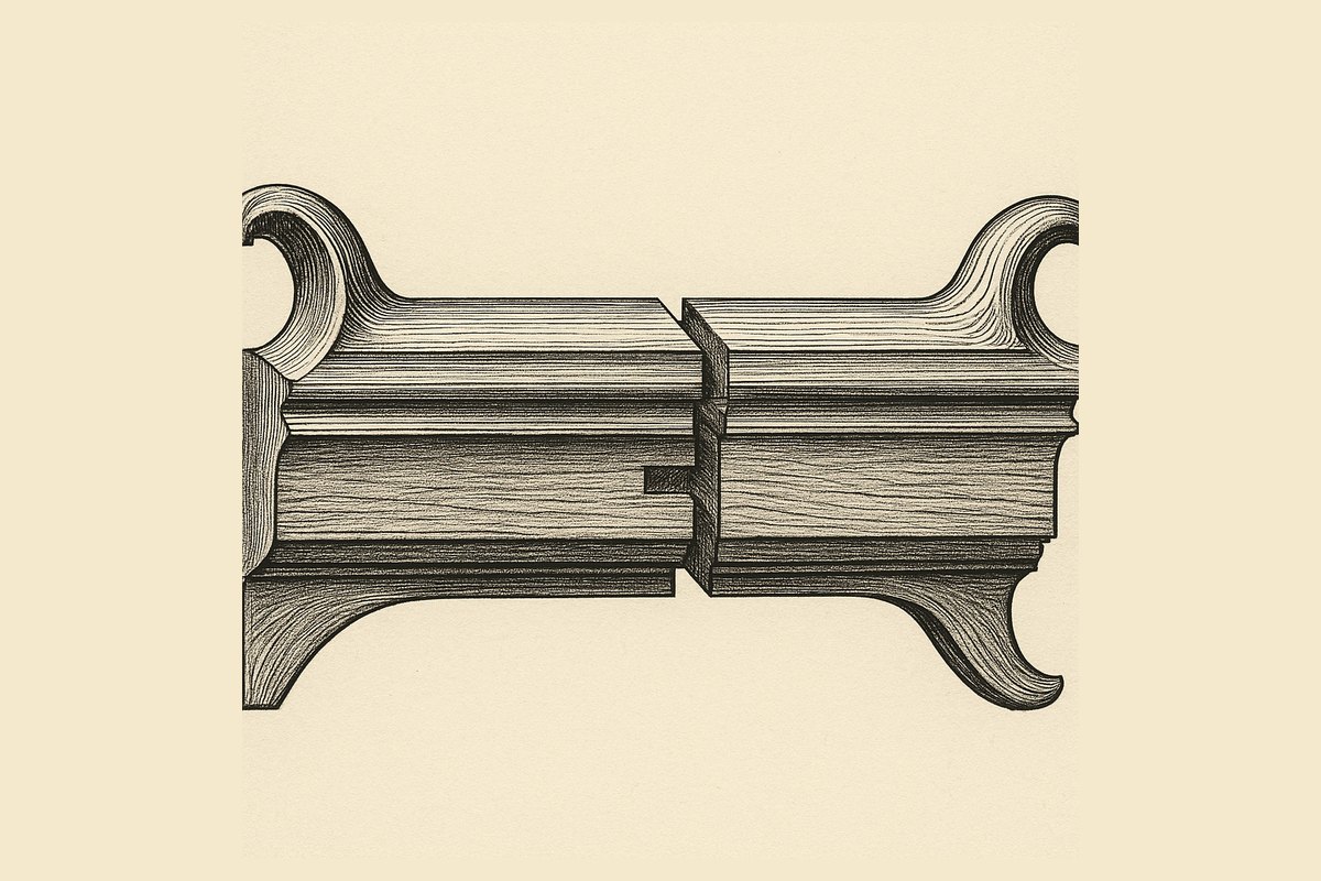 Engraved detail of the middle of a box sash window, showing the two curved horns projecting down from the ends of the upper sash either side of the meeting rails, with the tenon joint drawn inside one of them.