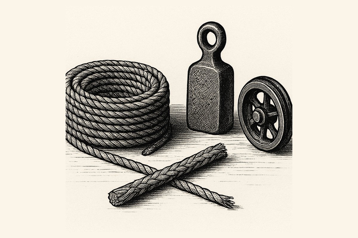 Engraving of three lengths of sash cord side by side - plaited waxed cotton, smooth synthetic braid and coarse jute - with an axle pulley and sash weight behind them.