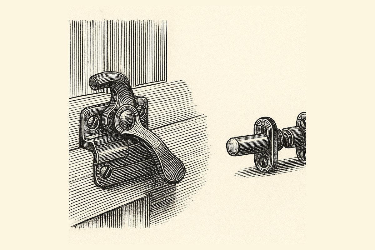 Engraved detail of a sash window meeting rail with a fitch fastener closed over its keep, and a key-operated sash stop set into the upper sash stile above.