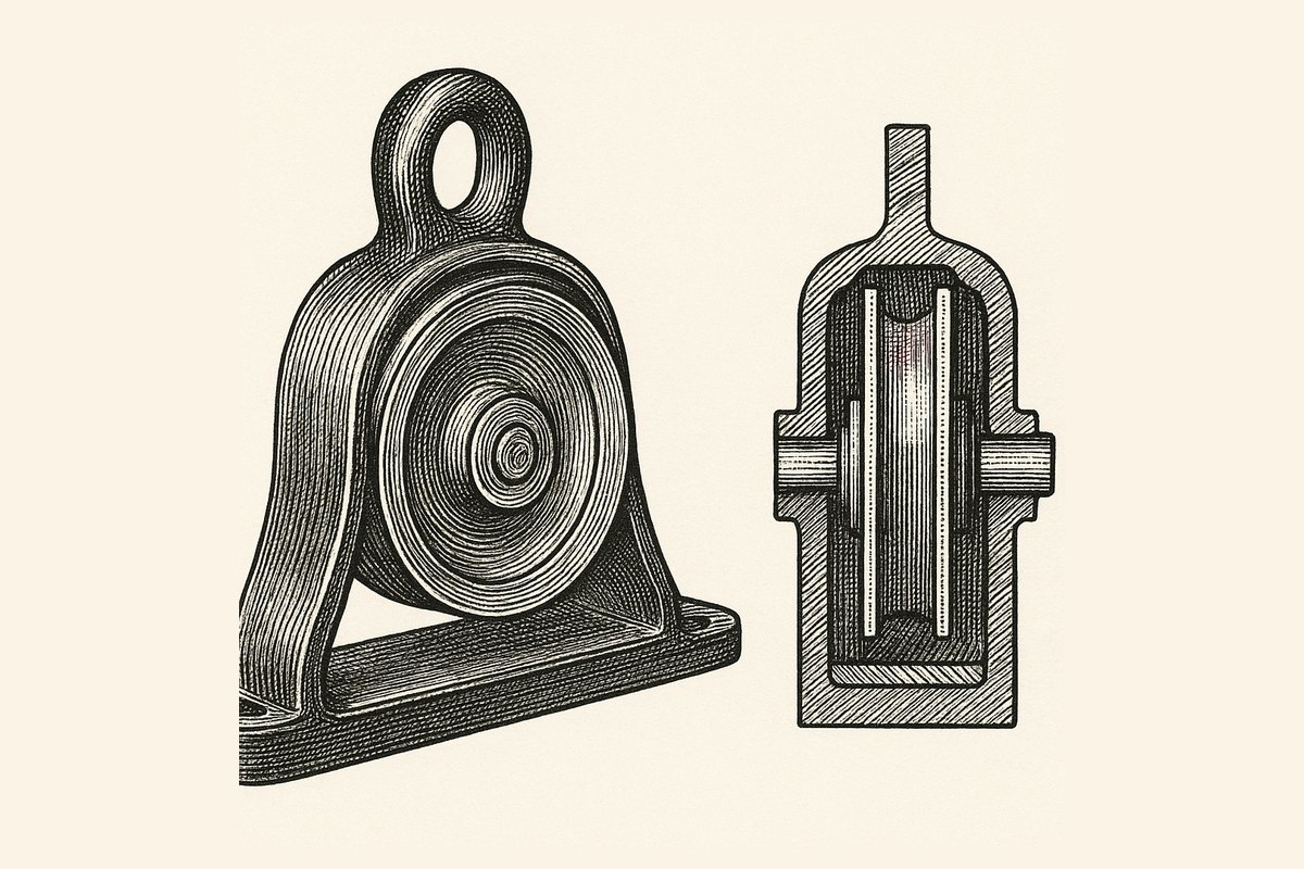 Engraved detail of the top of a sash window pulley stile with the brass faceplate of an axle pulley let flush into the timber and a sash cord running over the wheel into the weight box behind.