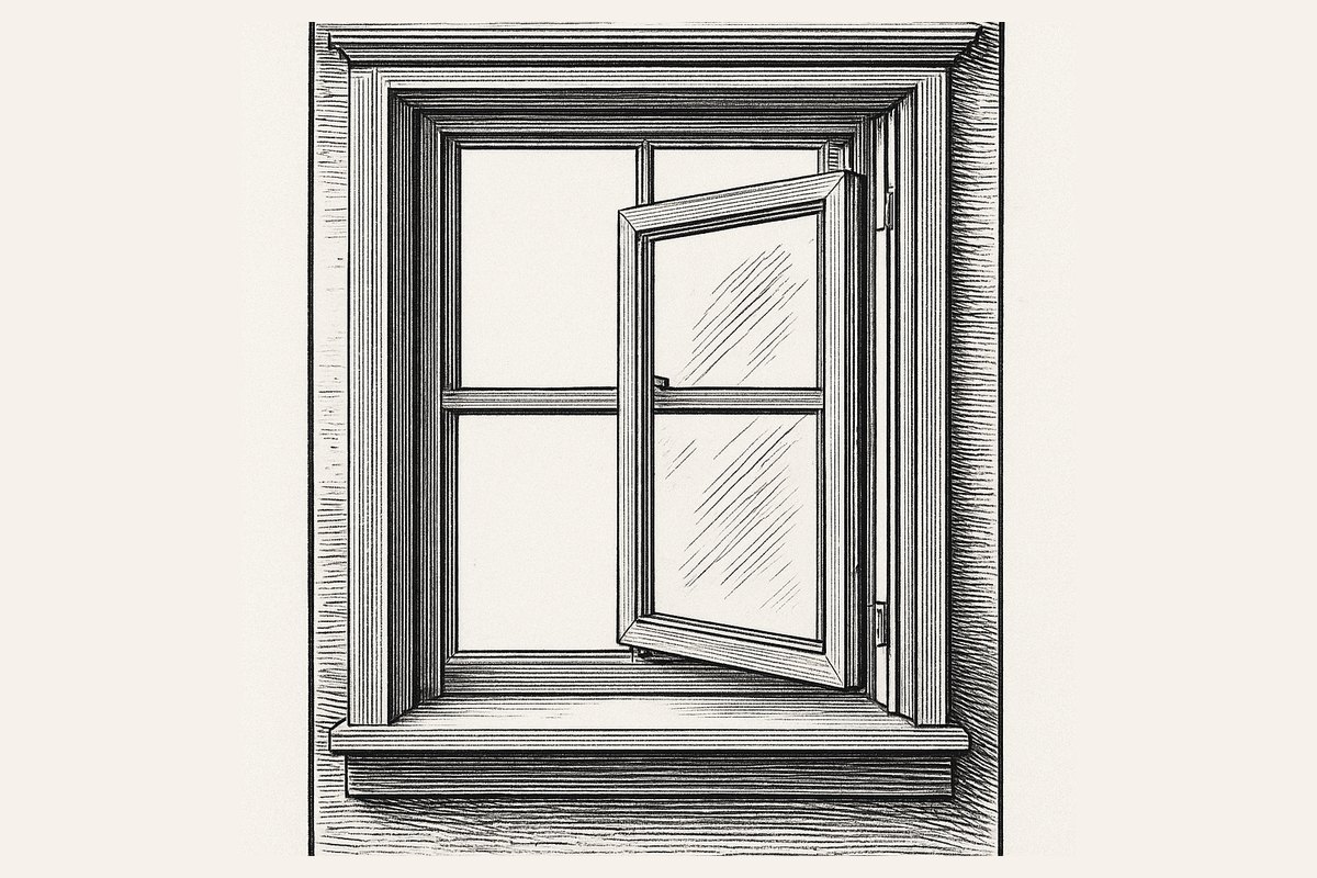 Engraving of a tall sash window in a panelled reveal with a slim internal secondary frame fitted behind the staff beads, folding shutters open on either side.