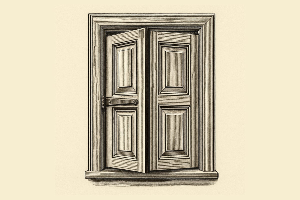 Engraving of a window reveal with panelled shutters half folded out of their boxes, showing the hinged leaves and the shutter bar across the middle.