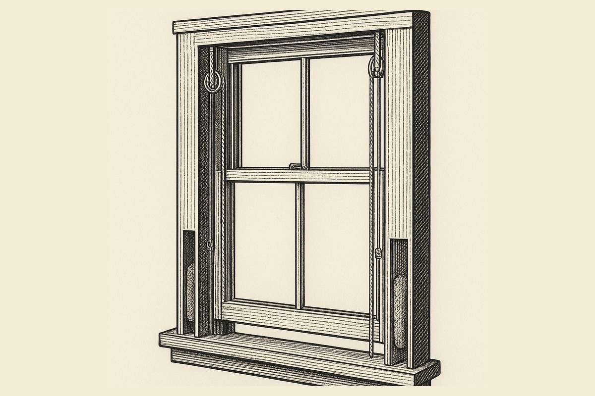 Engraved cutaway of a London box sash window showing both sashes, the cords running over pulleys at the head, and the counterweights hanging inside the hollow frame.