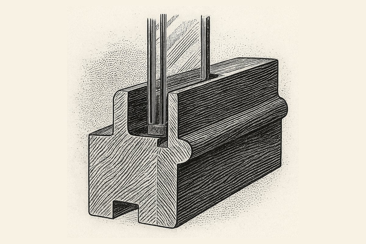 Engraved cross-section through a timber sash stile showing a thin double glazed unit bedded in the rebate, with the spacer bar and putty line marked.