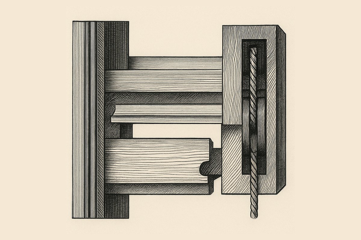 Engraving of a box sash window in cross section, showing the moulded staff bead on the room side, the flat parting bead sitting in its groove in the pulley stile, and the two sashes passing each other.