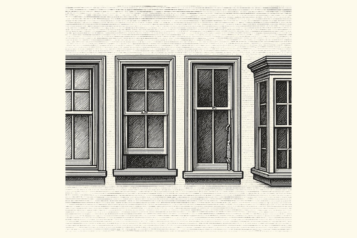 Engraving of four windows in cutaway section side by side, showing a boxed frame with weights hanging inside it, a slimmer frame with a spring tube in the jamb, a horizontally sliding pair of sashes, and a fixed light with applied glazing bars.