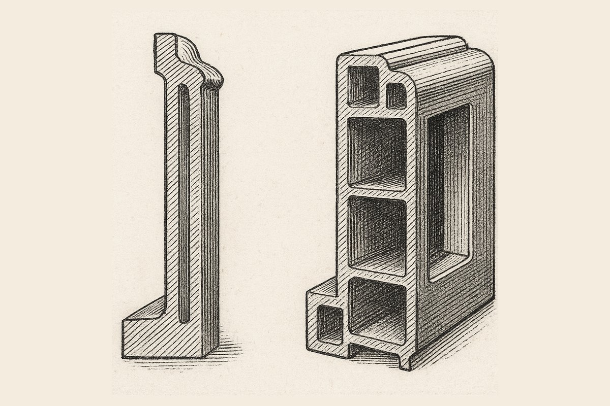 Engraved comparison of two window elevations side by side, one a timber box sash with slender glazing bars and one a plastic vertical slider with thicker frame sections.