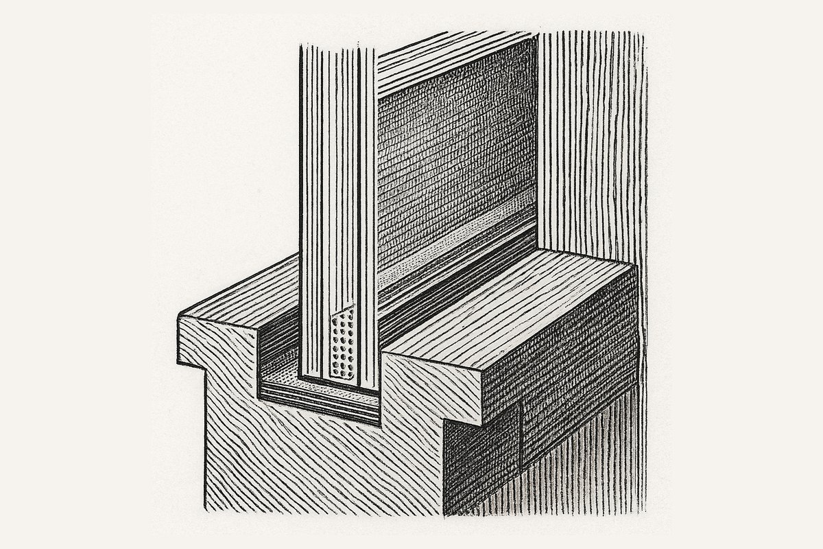 Engraved cross-section of a sash window rebate holding a thin twin-pane glazing unit, with tiny support pillars drawn between the two sheets of glass and a sealed edge.