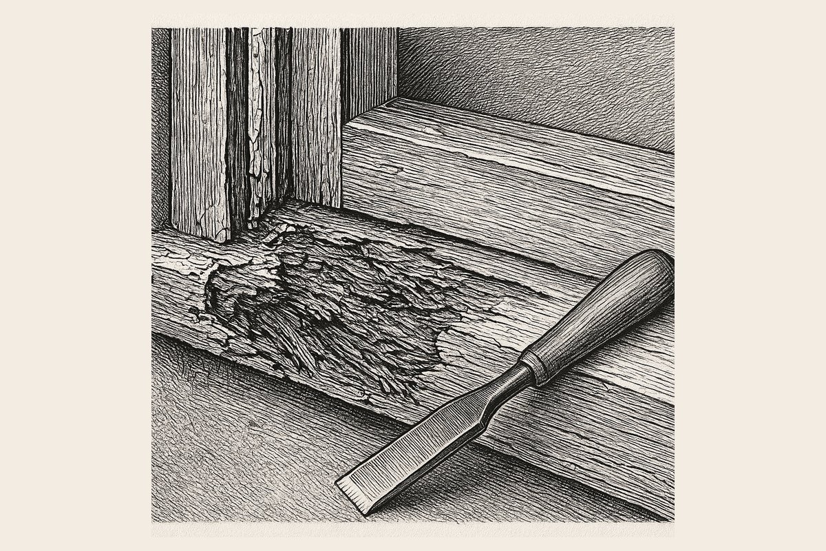 Engraving of the lower corner of a sash window with the paint blistered and flaking away from a dark, softened bottom rail, and a hand pressing the point of a screwdriver into the decayed timber.