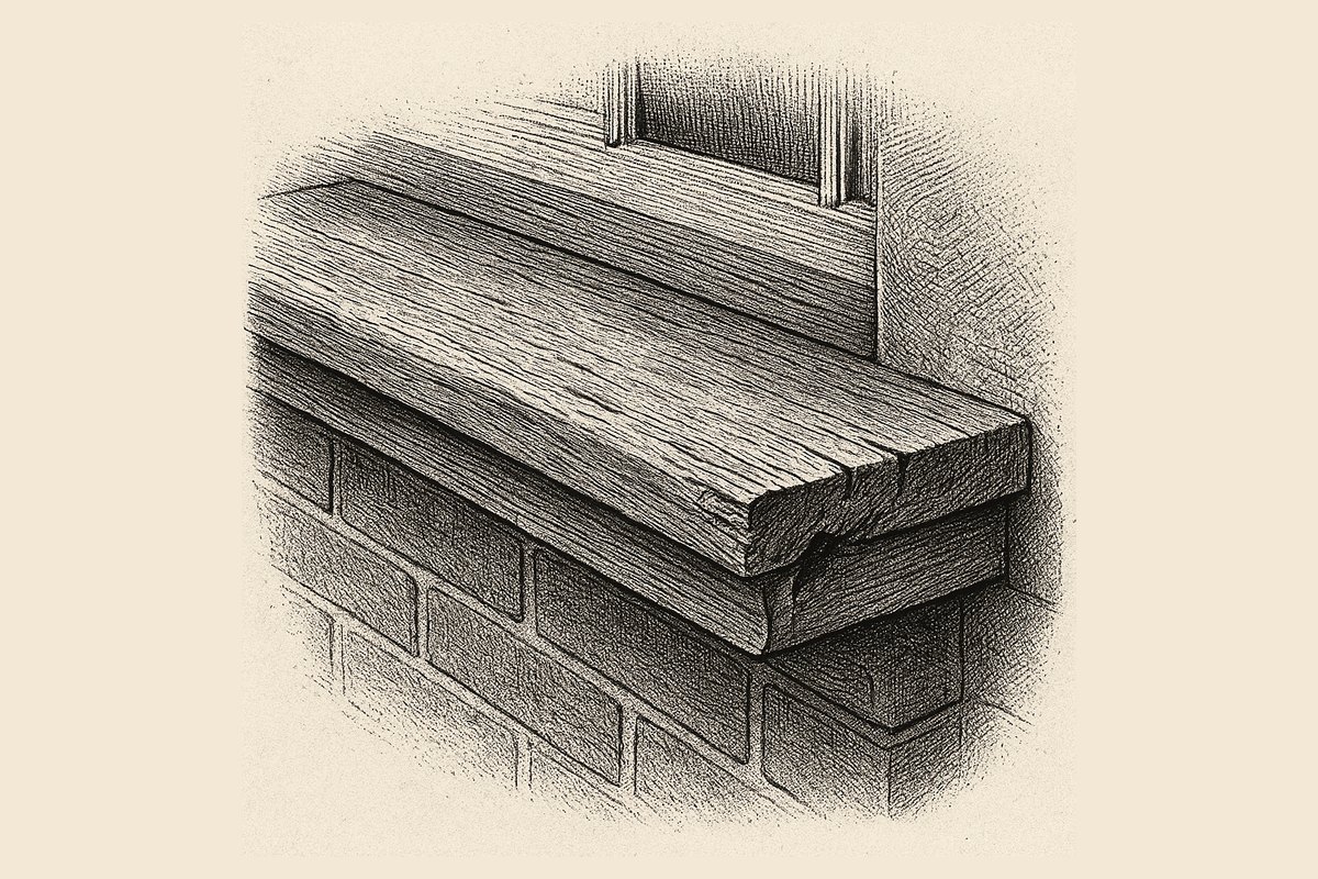 Engraving of a timber sash window cill in section, showing the sloped weathering, the drip groove cut into the underside near the front edge, and the pulley stile housed into the cill above.