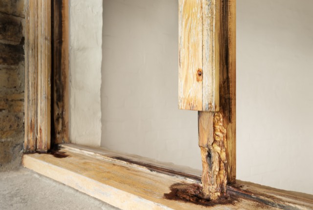 Wet rot at the foot of a timber sash window frame before repair
